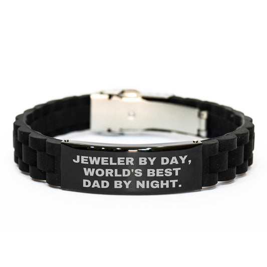 Jeweler Gifts, Funny Quote, Gifts from Men to World's Best Dad, Adjustable Glide lock Clasp Black Silicone Stainless Steel Birthday Presents for Him - Image 1