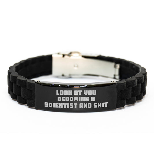 Funny Scientist Gifts for Men - Glide lock Clasp Bracelet, Black Stainless Steel, Adjustable, Look At You Becoming A Scientist - Image 1