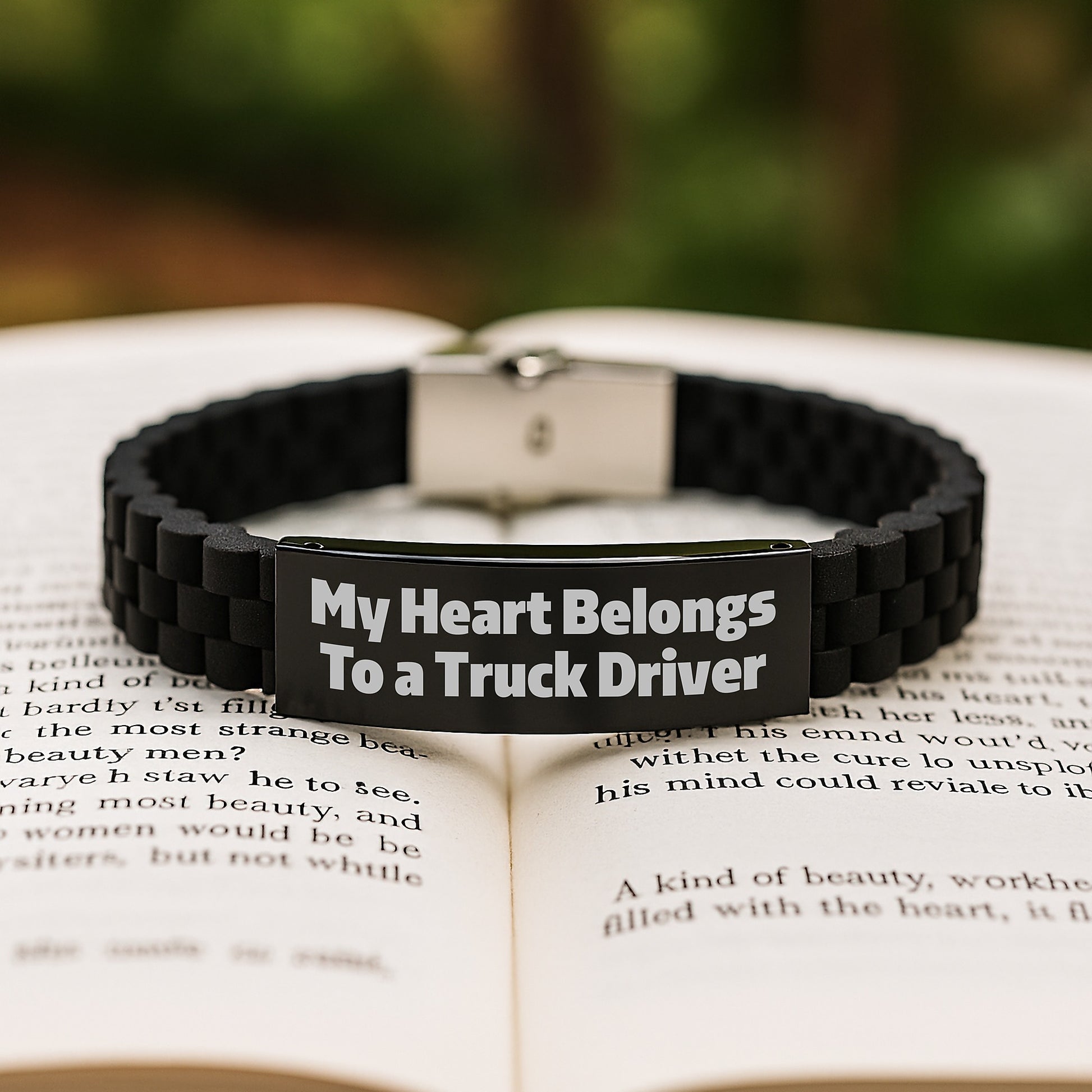 Funny Truck Driver Gifts for Him - Glide lock Clasp Bracelet, 'My Heart Belongs To A Truck Driver' Quote, Adjustable, Black, Silver Stainless Steel, Christmas Unique Jewelry - Image 2