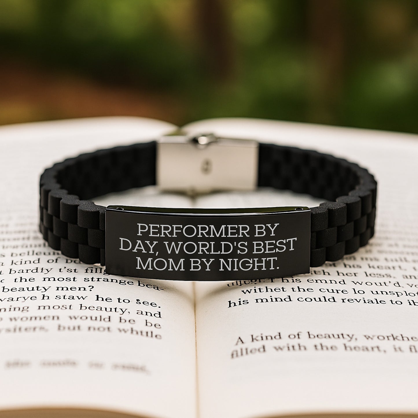 Funny Performer Gifts for Women, 'Performer By Day, World's Best Mom By Night' Glide lock Clasp Bracelet, Christmas Unique Jewelry for Mom, Adjustable Silver Stainless Steel Silicone - Image 2