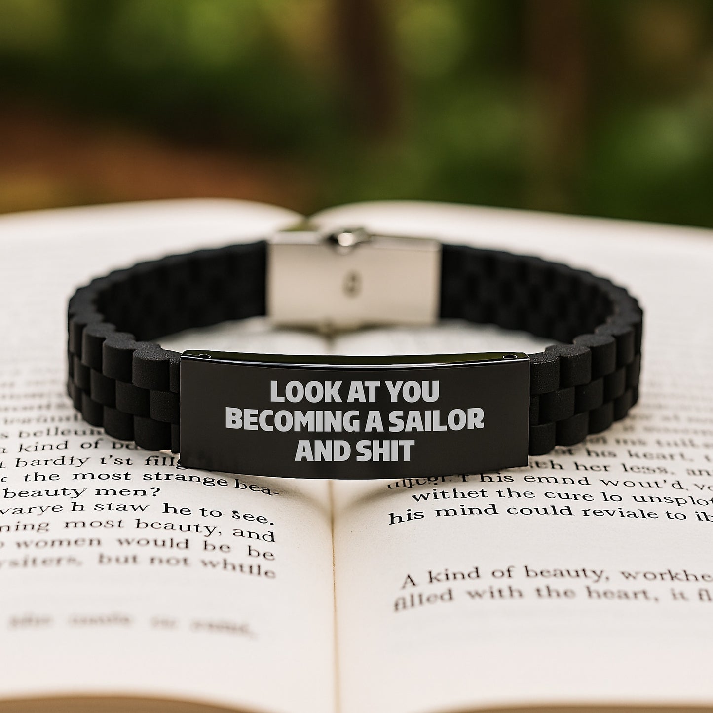 Funny Sailor Gift for Sailor Men Graduation Unique Gifts from Friends - Glide lock Clasp Bracelet with Black Silver Stainless Steel and Silicone - Image 2