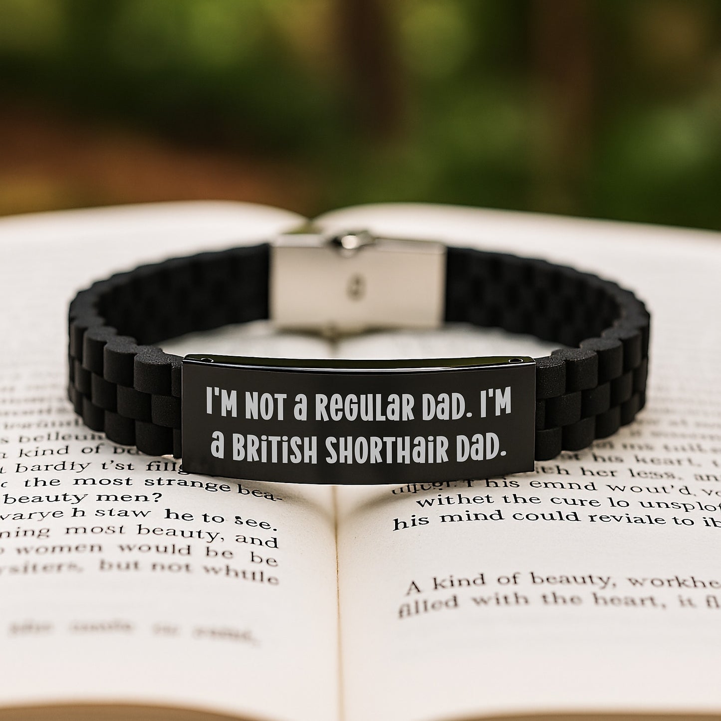 Funny British Shorthair Cat Dad Glide lock Clasp Bracelet Gifts for Him from Dad, Black Stainless Steel and Silicone, Adjustable Graduation Unique Gifts - Image 2