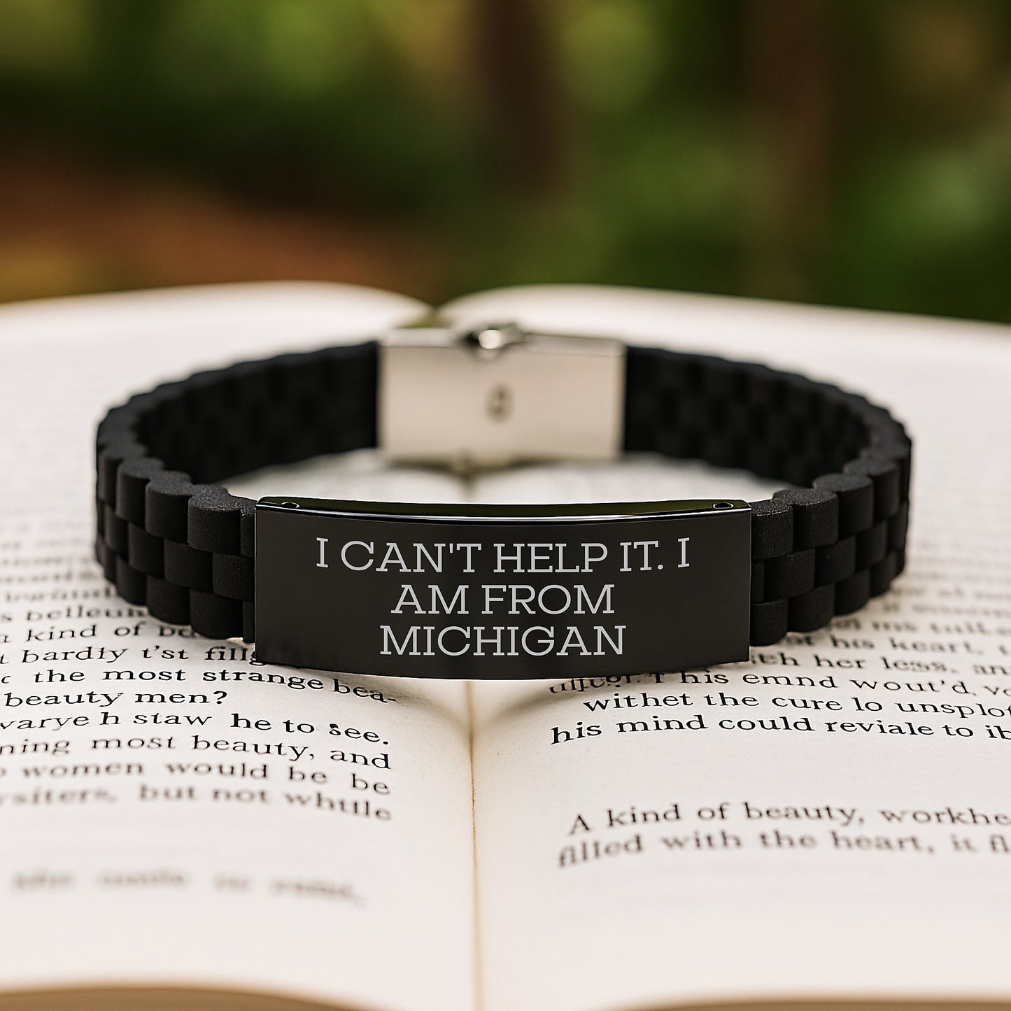 Michigan Proud Glide lock Clasp Bracelet, Funny Quote Gifts from Michigan for Men, Unique Graduation Gifts for Michigan Women, Adjustable Black Stainless Steel Silicone - Image 2