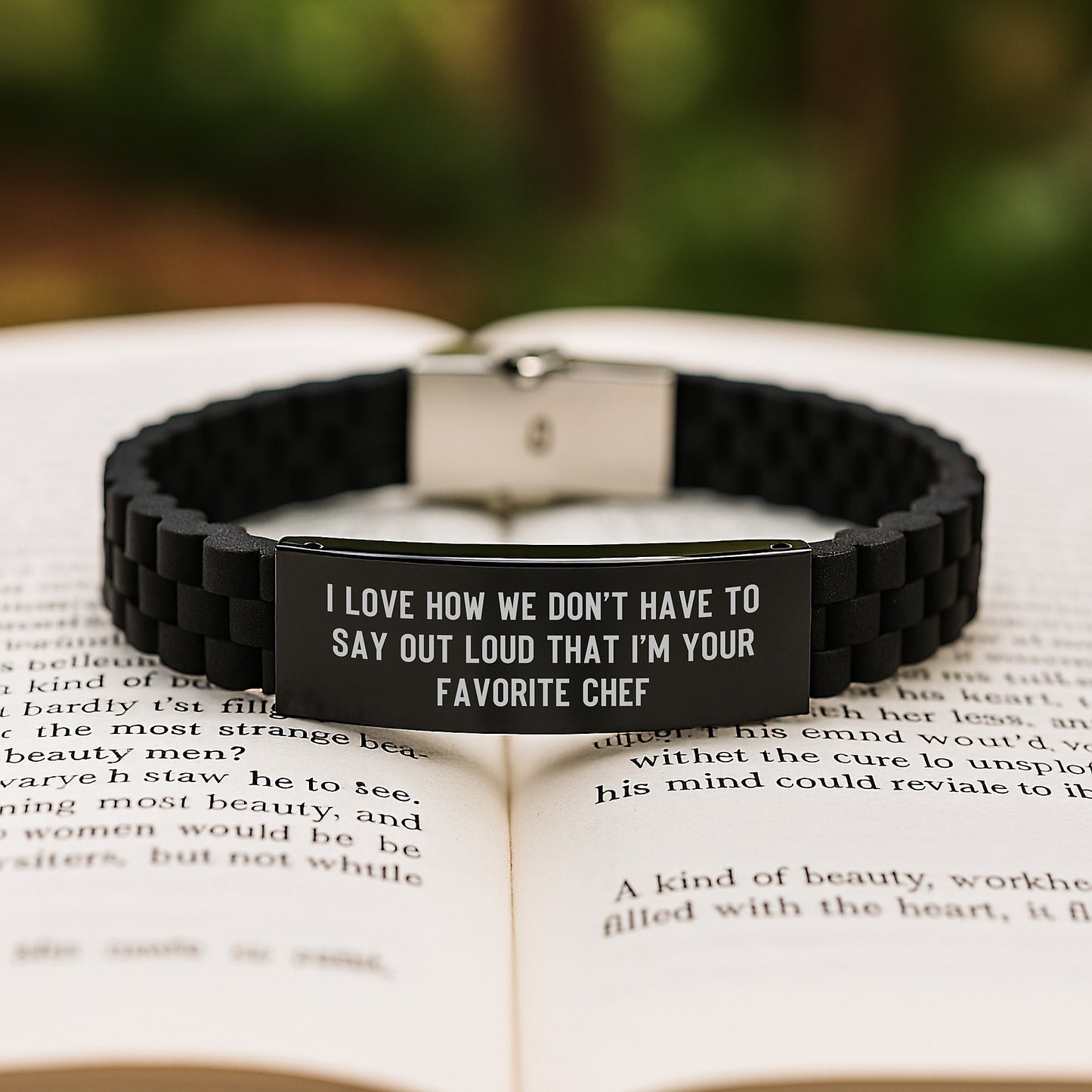 Funny Chef Gifts for Men, Glide lock Clasp Bracelet with 'I Love How We Don't Have To Say Out Loud That I'm Your Favorite Chef', Adjustable Black Stainless Steel and Silicone - Image 2