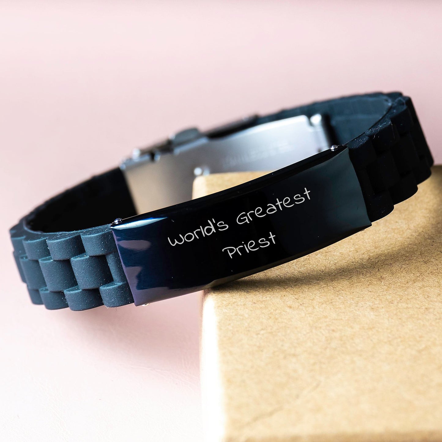Funny World's Greatest Priest Graduation Unique Gifts for Priest from Friend, Glide lock Clasp Bracelet, Black Silver Stainless Steel Silicone Metal - Image 3