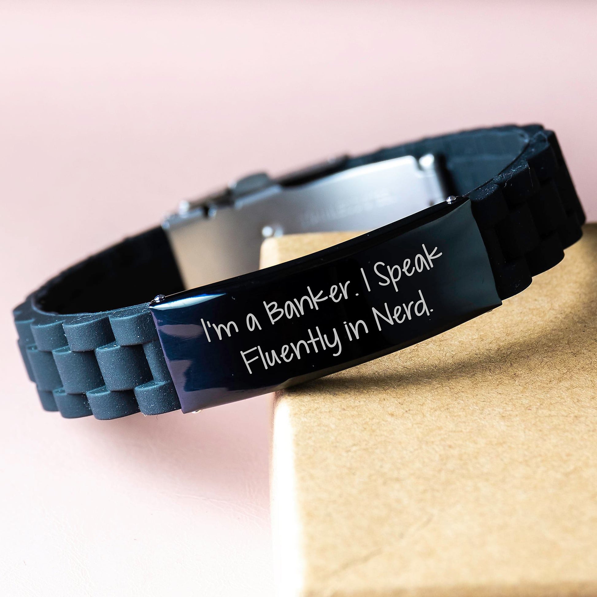 Funny Banker Gifts: I'm A Banker. I Speak Fluently In genius. Glide lock Clasp Black Stainless Steel Adjustable Silicone Men's Gifts from Coworkers for Banker's Graduation - Image 3