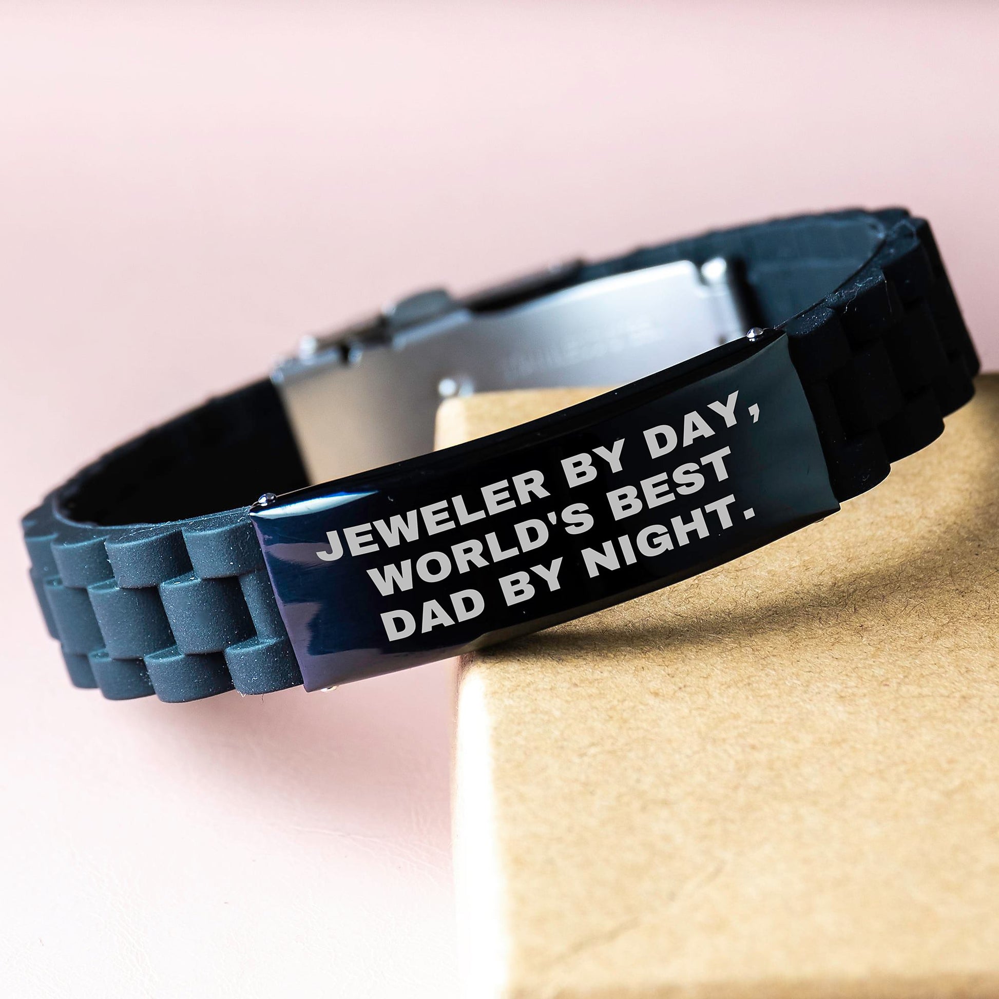 Jeweler Gifts, Funny Quote, Gifts from Men to World's Best Dad, Adjustable Glide lock Clasp Black Silicone Stainless Steel Birthday Presents for Him - Image 3