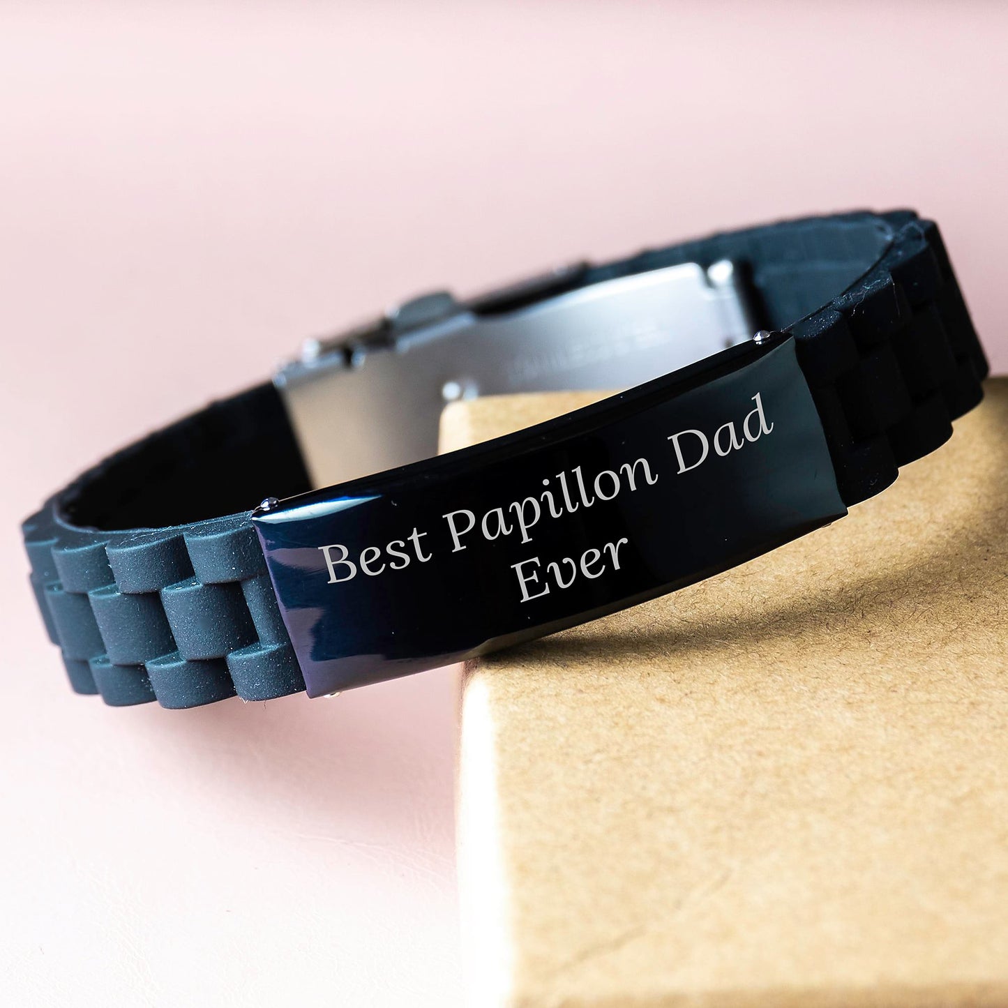 Papillon Dog Dad Ever Funny Gift for Men from Best Papillon Dad Ever, Adjustable Glide lock Clasp Black Stainless Steel Silicone Leather Bracelet for Graduation Unique Gifts - Image 3