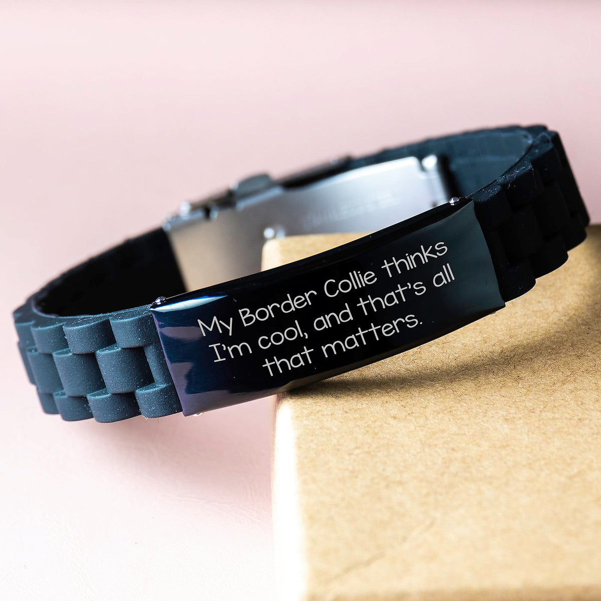 Funny Gift for Border Collie Dog Owners, Valentine's Unique Gifts from Friends to Lovers, Glide lock Clasp Bracelet with My Border Collie Thinks I'm Cool Quote - Image 3