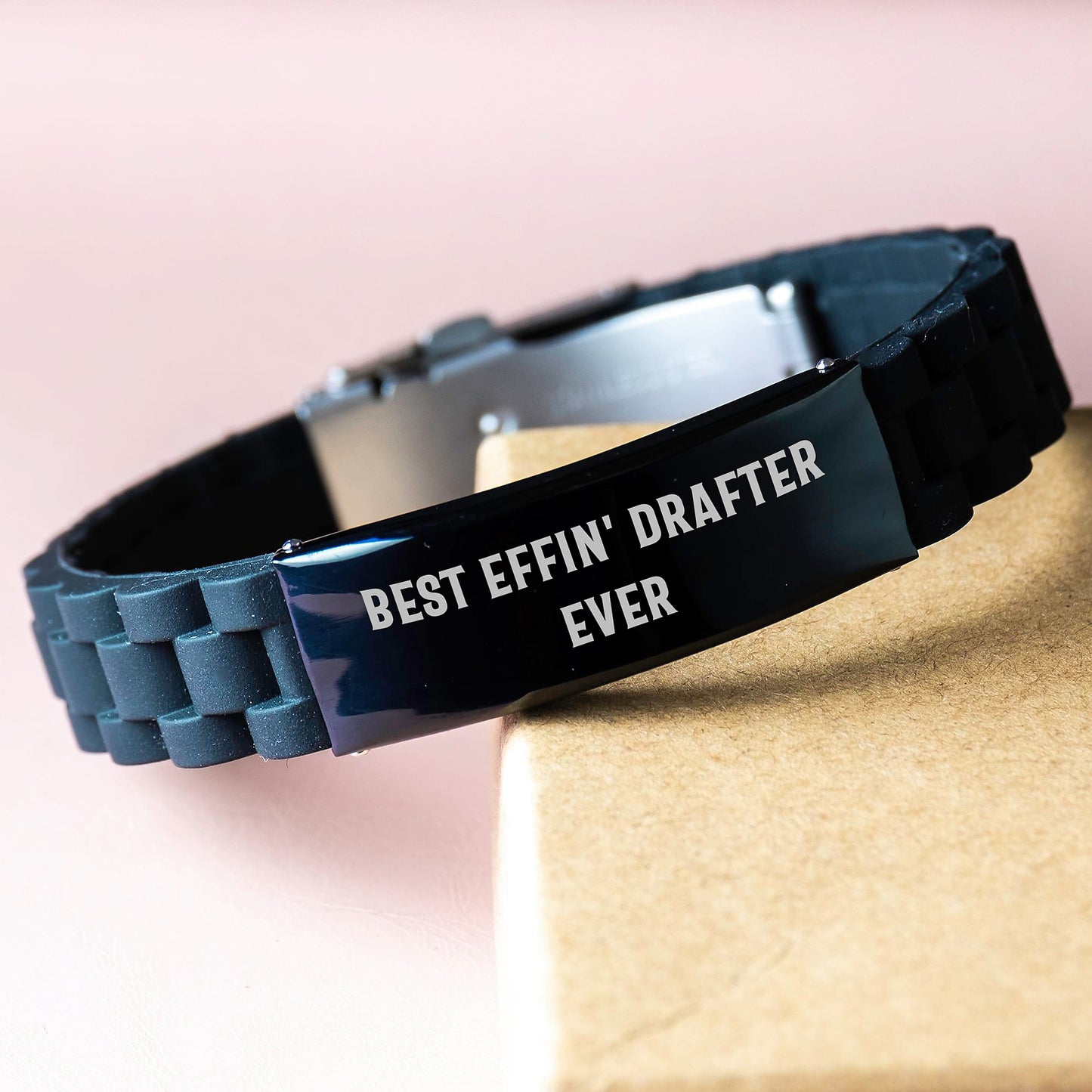 Funny Drafter Gifts for Men Graduation Unique Glide lock Clasp Bracelet, Best Effin' Drafter Ever Quote, Black Stainless Steel Silver Silicone - Image 3