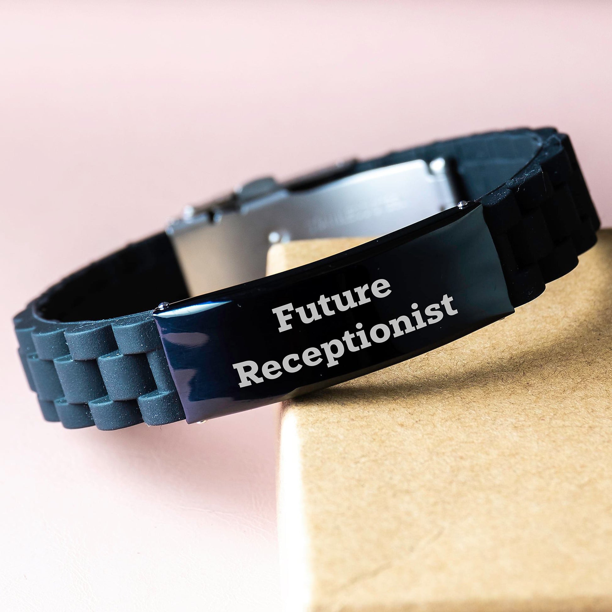 Gifts from Friends for Future Receptionist - Funny Inspirational Quote Glide lock Clasp Black Stainless Steel Silicone Adjustable Bracelet for Graduation Unique Gifts - Image 3