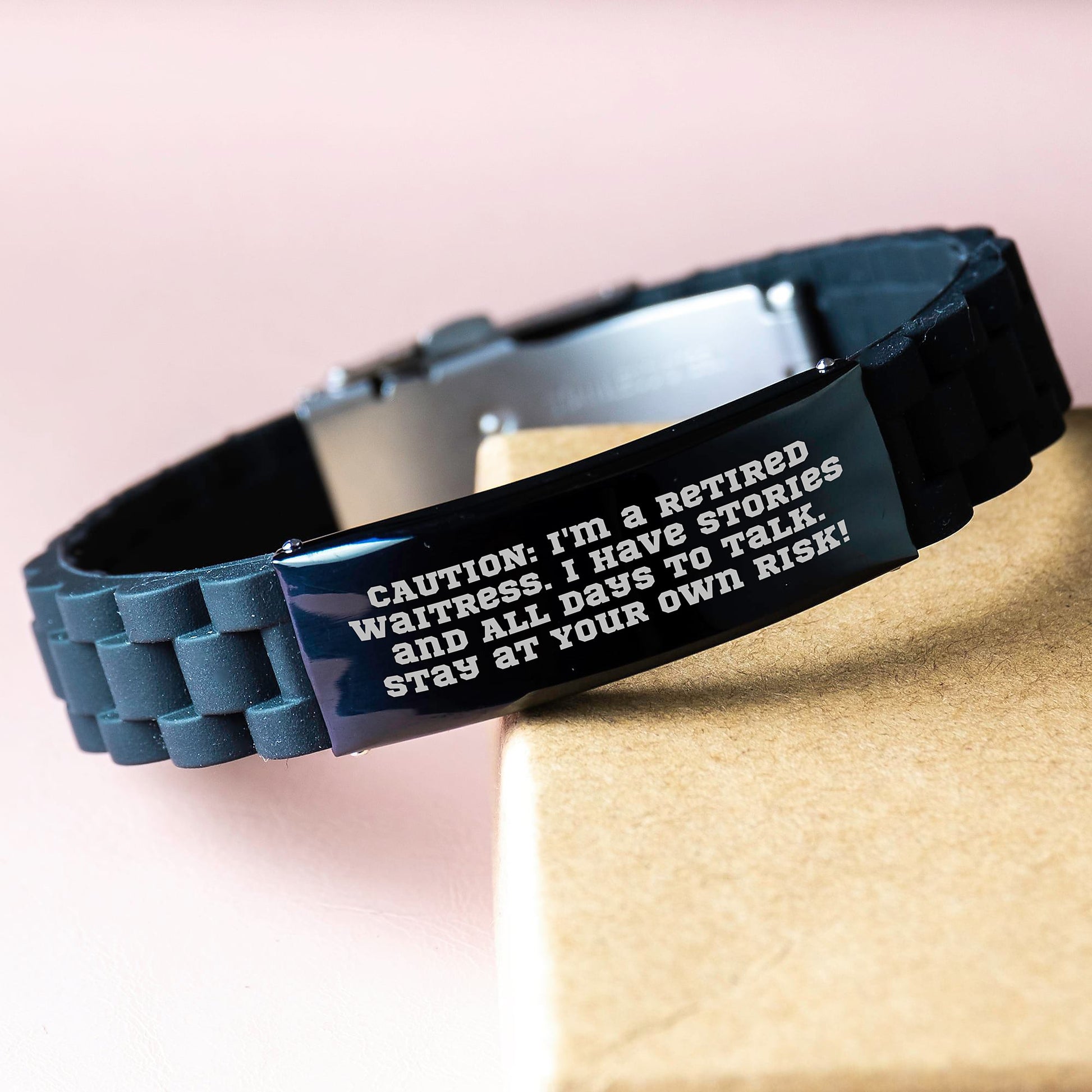 Funny Waitress Quotes Gifts from Friends, Gifts for Waitress, Glide lock Clasp Black Stainless Steel Silicone Adjustable Graduation Unique Gifts - Image 3