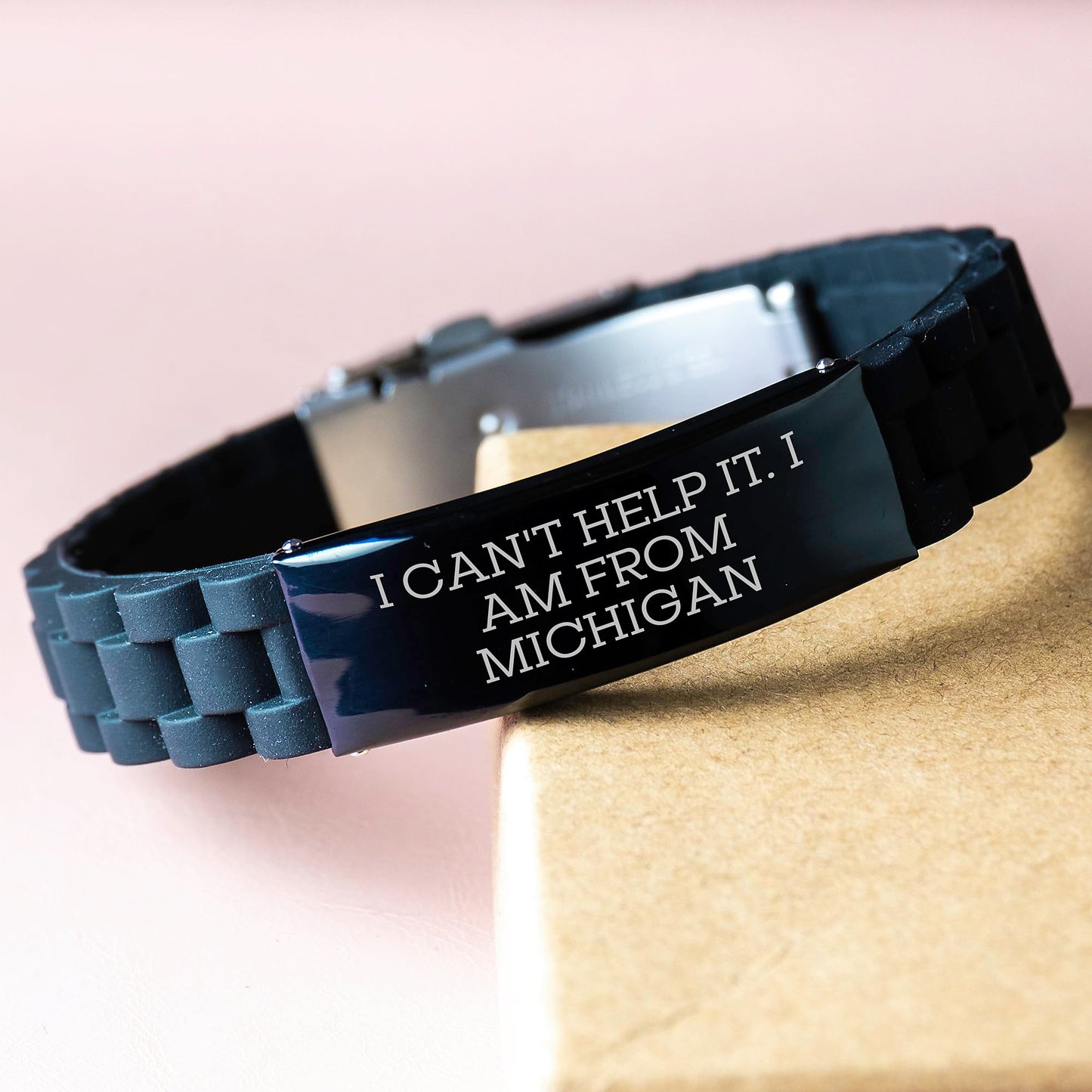 Michigan Proud Glide lock Clasp Bracelet, Funny Quote Gifts from Michigan for Men, Unique Graduation Gifts for Michigan Women, Adjustable Black Stainless Steel Silicone - Image 3
