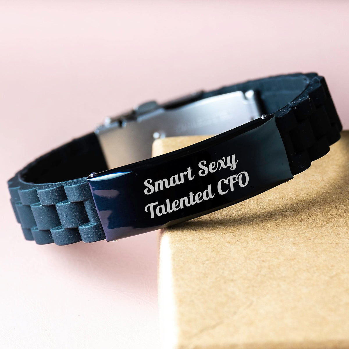 Funny Smart Sexy CFO Gifts from Friends for Men - Glide lock Clasp Bracelet with Black Stainless Steel and Silicone - Christmas Unique Presents - Image 3