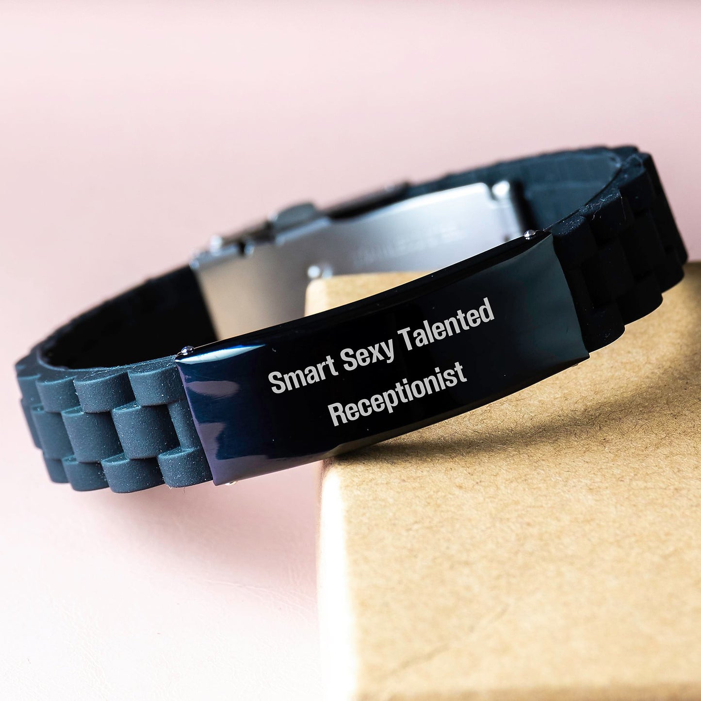 Smart Sexy Talented Receptionist Gifts from Friends to Receptionist Glide lock Clasp Bracelet, Adjustable Black Stainless Steel and Silicone for Graduation Unique Gifts - Image 3