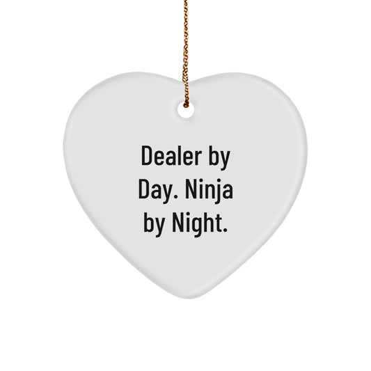 Funny Dealer Gifts from Men for Christmas Unique Heart Ornament, Dealer By Day. Ninja By Night. Inspirational Heart Shaped Decorations - Image 1