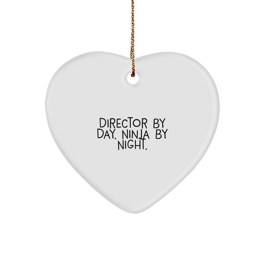 Funny Director Heart Ornament Gifts from Friends, Unique Christmas Ornaments for Men Directors, Cute 'Director By Day. Ninja By Night.' Quote Heart Shaped Decoration - Image 1