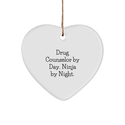 Drug Counselor Gifts from Men, Christmas Unique Gifts for Drug Counselor Heart Ornament, 'Drug Counselor By Day. Ninja By Night.' - Image 1