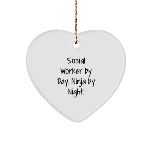 Funny Social Worker Gifts, Heart Ornament for Christmas Unique Gifts from Social Workers, By Day. Ninja By Night. - Image 1