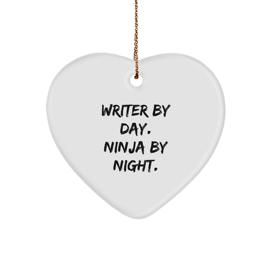Writer Gifts from Friends - Heart Ornament for Men or Women - 'Writer By Day. Ninja By Night.' Christmas Decoration - Image 1