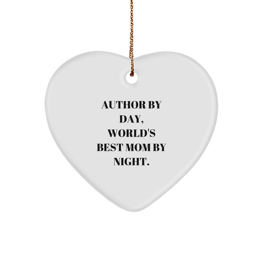 Gifts from Family - Inspirational Author Heart Ornament, Funny Quote 'Author By Day, World's Best Mom By Night.', Christmas Unique Gifts for Author, Author Appreciation Heart Shaped Ornament - Image 1