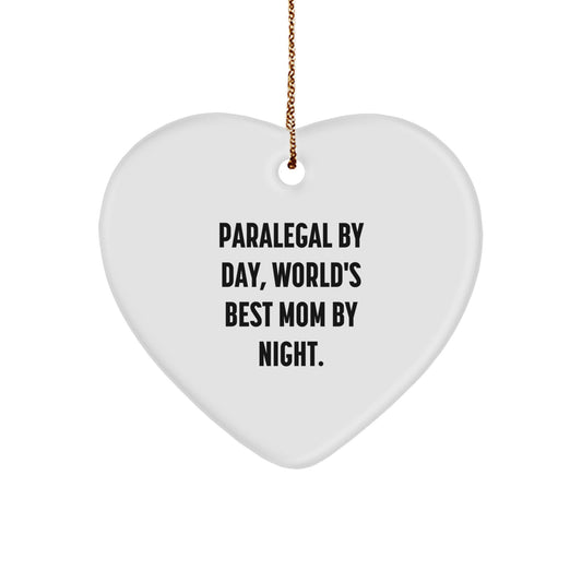 Paralegal Gifts for Christmas - 'Paralegal By Day, World's Best Mom By Night.' Heart Ornament, Funny Quote, Heart-Shaped, White, 2.75'' Tall, Gifts from Mom to Paralegal - Image 1