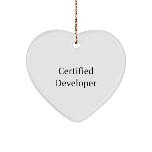 Funny Certified Developer Gifts from Friends for Christmas Unique Heart Ornaments, 'Certified Developer' Quote on White Heart Shaped MDF with Gold Cord - Image 1