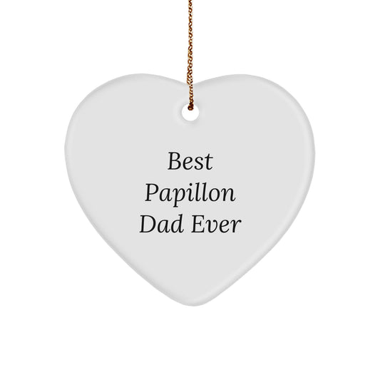 Papillon Dog Lovers' Heart Ornament, 'Best Papillon Dad Ever' Quote, White, Christmas Unique Gift for Family, Friends, Coworkers - Image 1