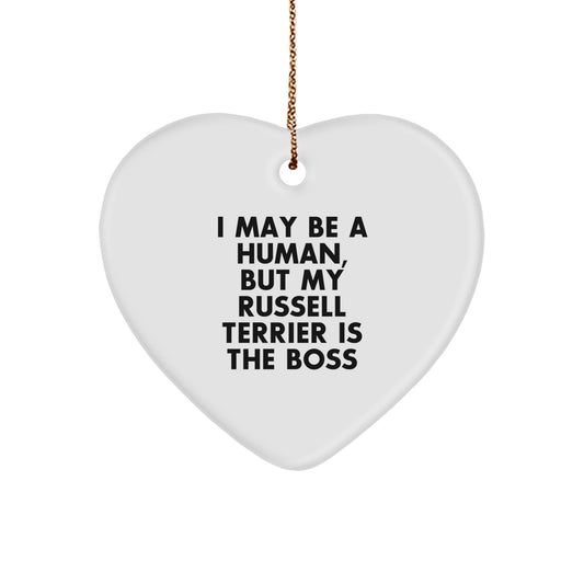 Funny Russell Terrier Dog Gifts from Family for Christmas Unique Gifts with Heart Ornament, 'I May Be A Human, But My Russell Terrier Is The Boss' Quote, White Color - Perfect for Dog Lovers - Image 1