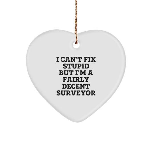 Funny Surveyor Gifts for Men, Heart Ornament with I Can't Fix Stupid But I'm A Fairly Decent Surveyor Quote, Christmas Unique Gifts from Friends, Coworkers to Surveyor - Image 1