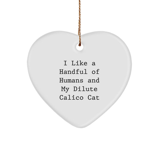Funny Dilute Calico Cat Gifts from Men to Women Christmas Unique Gifts - Dilute Calico Cat Heart Ornament with Quote 'I Like A Handful Of Humans And My Dilute Calico Cat' - Image 1