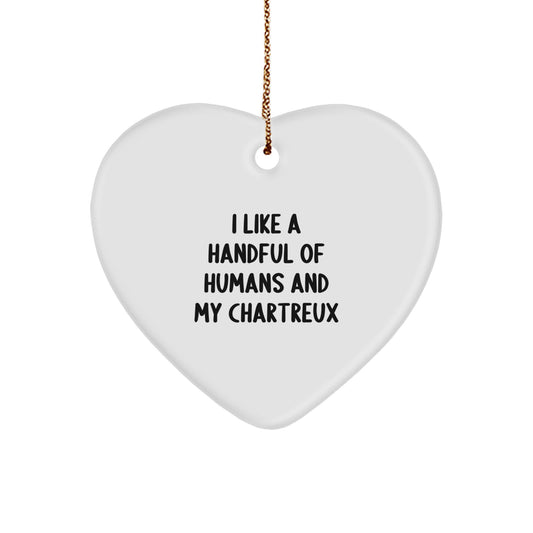 Funny Chartreux Cat Gifts for Friends Christmas Unique Heart Ornament, 'I Like A Handful Of Humans And My Chartreux', Gift from Friends to Family - Image 1