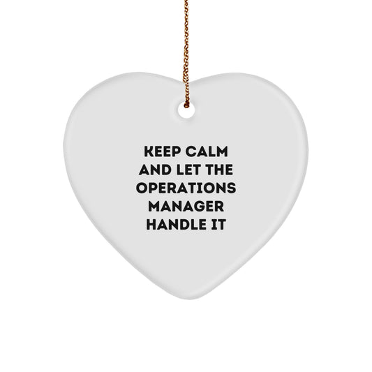 Funny Operations Manager Gifts for Men - Keep Calm Christmas Ornament, Heart Shaped MDF Decoration with Gold Cord - Image 1