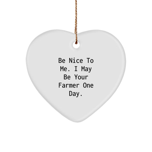 Funny Farmer Christmas Unique Gifts from Family to Friends Heart Ornament - 'Be Nice To Me I May Be Your Farmer One Day' - Unique Present for Men Women Coworkers - Image 1