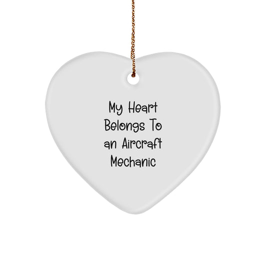 Funny Aircraft Mechanic Gifts for Men, Women, Friends, or Family - 'My Heart Belongs To An Aircraft Mechanic' Heart Ornament for Christmas Unique Gifts from Men to Women - Image 1