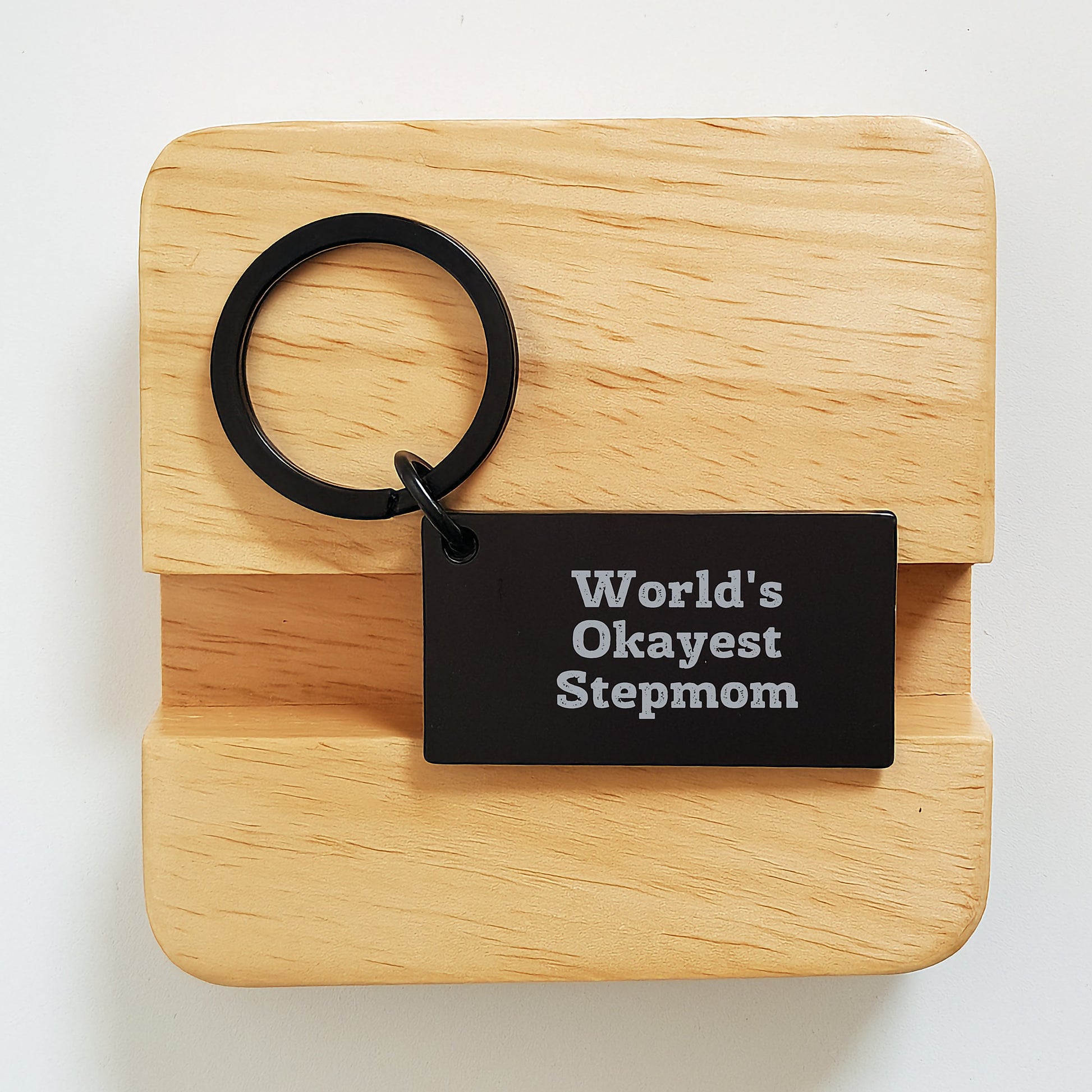 Funny Stepmom Gift, Stepmom Keychain, Birthday Unique Gifts from Family, 'World's Okayest Stepmom' Engraved Keychain - Image 2