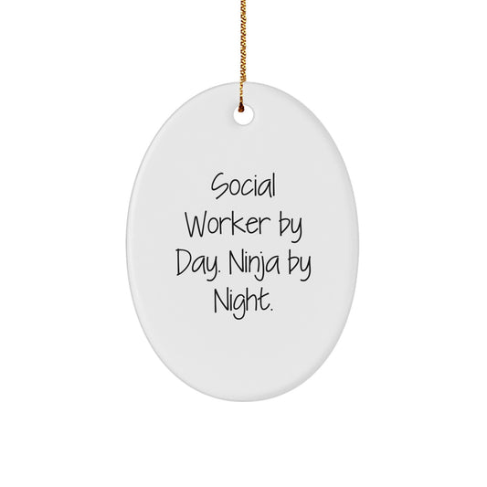 Funny Social Worker Gifts for Coworkers by Day Ninja By Night Oval Ornament for Christmas Unique Decorations - Image 1