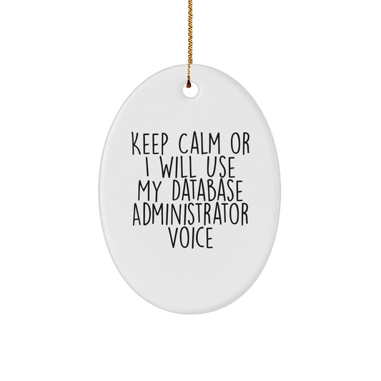 Funny Database Administrator Oval Ornament Gifts from Men to Friends, Database Administrator Christmas Unique Gifts, Oval Ornament with 'Keep Calm Or I Will Use My Database Administrator Voice' - Image 1