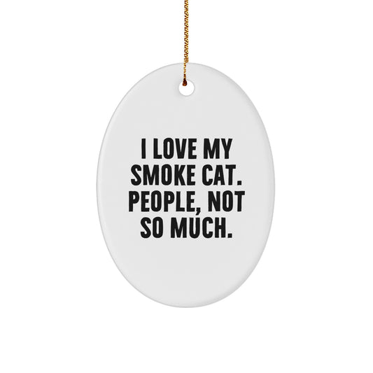 Funny Smoke Cat Gifts for Christmas Unique Oval Ornament, Gifts from Friends and Family, I Love My Smoke Cat. People, Not So Much. - Image 1