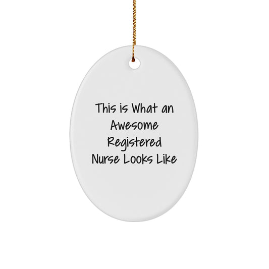 Funny Registered Nurse Gifts from Friends for Christmas - Oval Ornament Quote, This Is What An Awesome Registered Nurse Looks Like - Unique Decorative Item - Image 1