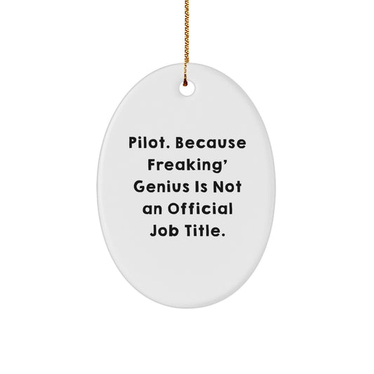 Funny Pilot Gifts for Christmas Unique Oval Ornament from Men - Inspirational Quote: Pilot. Because Freaking' genius Is Not An Official Job Title. - Image 1