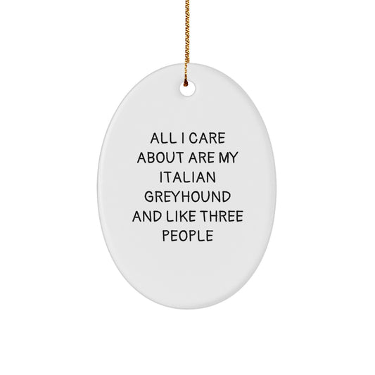 Italian Greyhound Dog Lovers Gifts from Friends, Christmas Unique Oval Ornament, 'All I Care About Are My Italian Greyhound And Like Three People' Funny Quote - Image 1