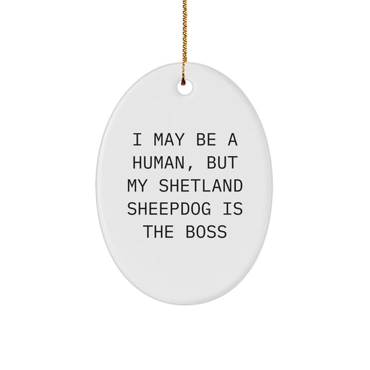 Funny Shetland Sheepdog Gifts for Men, Women, Friends, Coworkers - Oval Ornament 'I May Be A Human, But My Shetland Sheepdog Is The Boss' Christmas Unique - Image 1