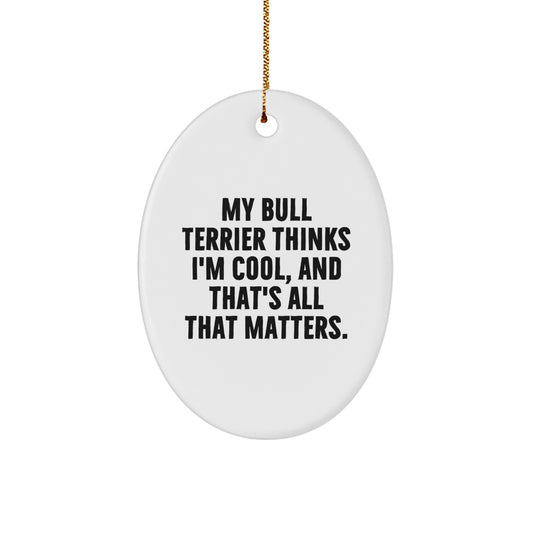 Funny Bull Terrier Dog Gifts for Him, Oval Ornament with My Bull Terrier Thinks I'm Cool Quote, Christmas Unique Gifts from Friends, Family, or Loved Ones - Image 1