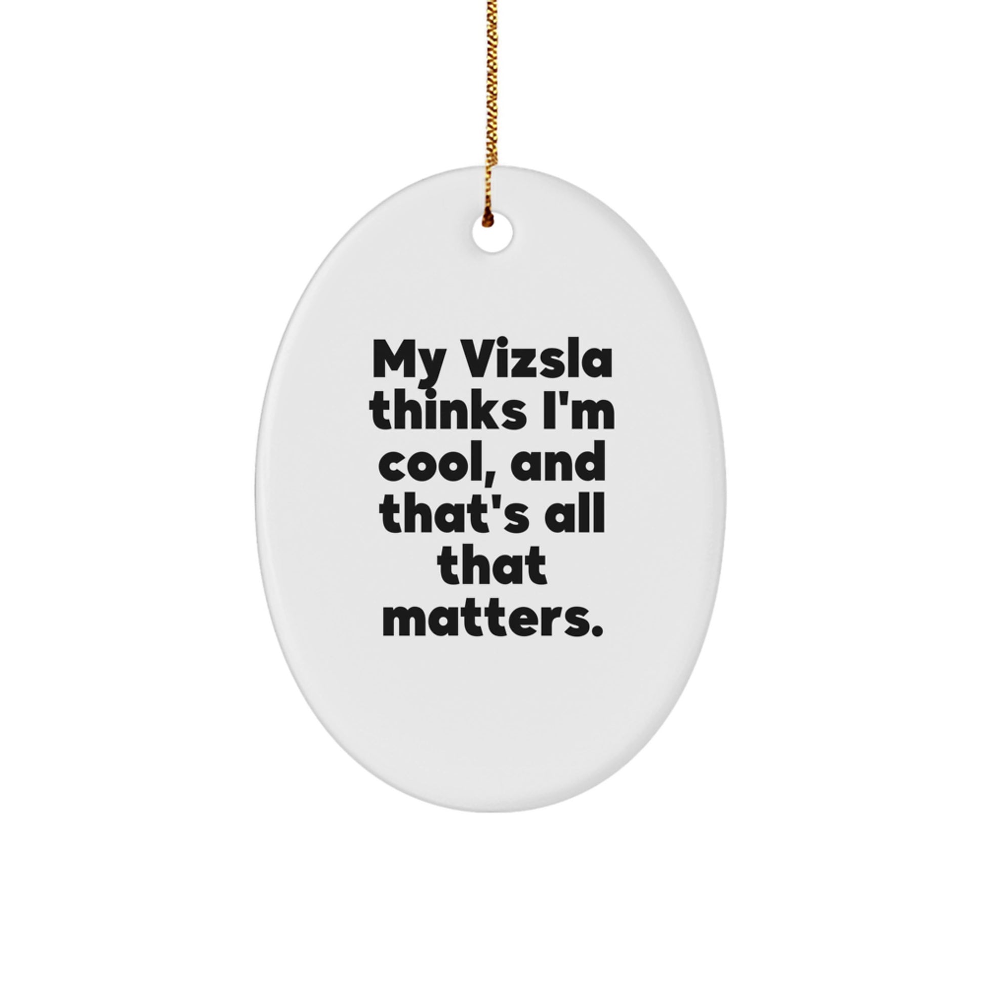 Funny Vizsla Dog Oval Ornament, Gifts from Family to Friends for Christmas, 'My Vizsla Thinks I'm Cool, And That's All That Matters.' - Image 1