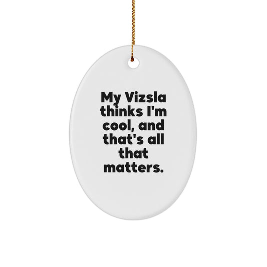 Funny Vizsla Dog Oval Ornament, Gifts from Family to Friends for Christmas, 'My Vizsla Thinks I'm Cool, And That's All That Matters.' - Image 1