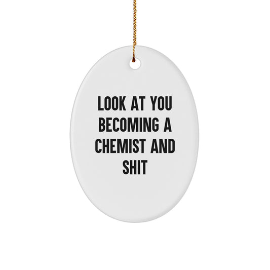 Funny Chemist Oval Ornament Gifts from Men to Friends, Christmas Unique Gifts for Chemist Lab Enthusiasts, Oval Ornament with Quote 'Look At You Becoming A Chemist And Shit' - Image 1
