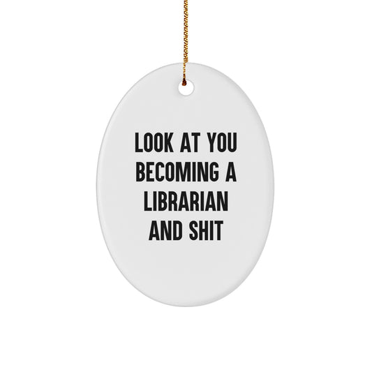 Funny Librarian Gifts for Friends, Oval Ornament Christmas Unique Present from Family - Image 1