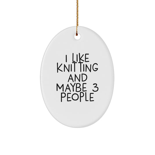 Funny Knitting Oval Ornament Gifts from Friends and Family for Knitting Enthusiasts - White Oval Shaped with Gold Cord - Image 1