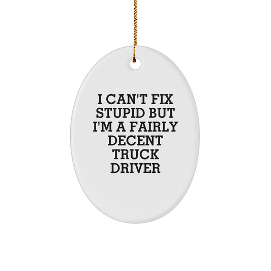 Funny Truck Driver Gifts from Friends - Oval Ornament for Men - I Can't Fix Stupid But I'm A Fairly Decent Truck Driver - Christmas Unique - Image 1